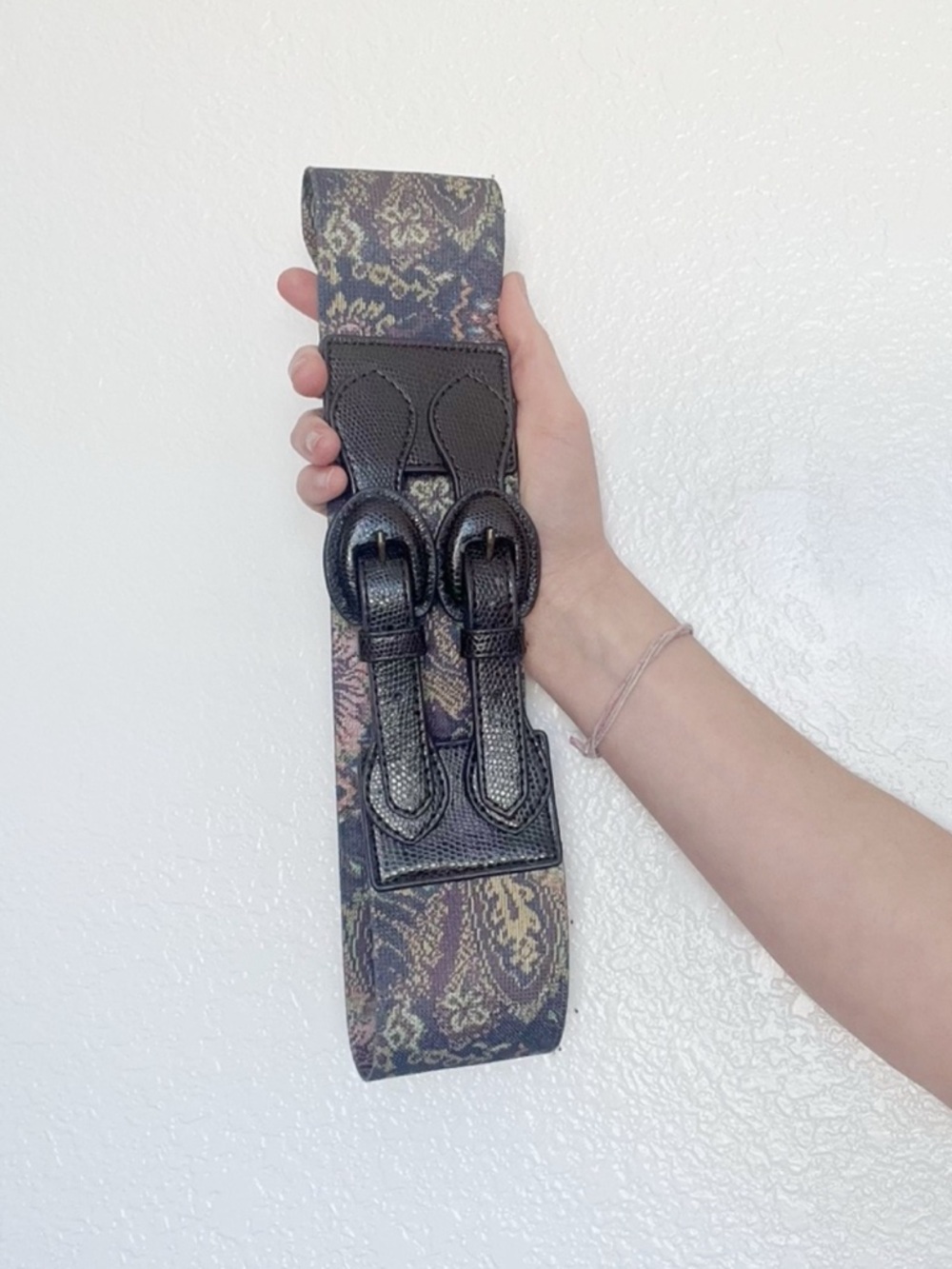 Vintage Tapestry Belt Double Buckle 90s Wide Floral Pattern Stretch Accessory